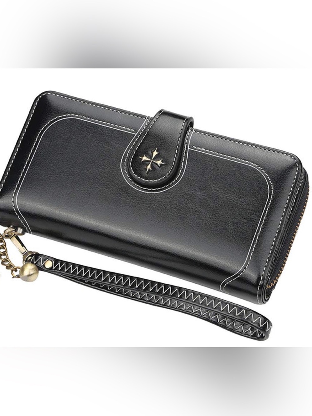 Women's Black Zip-Around Wristlet Wallet with Detachable Strap